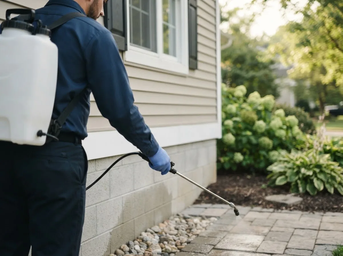 Pest control technician inspecting a home in Chrisman, IL